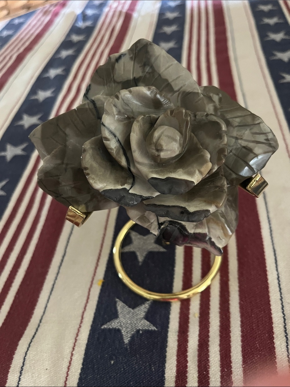 Decorative Stone Rose Sculpture in Volcano Agate on Gold Stand